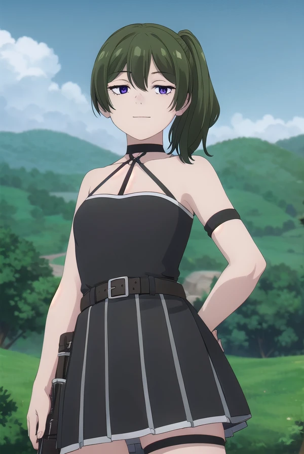 ubel, <lora:ubel-lora-nochekaiser:1>,
ubel, medium hair, hair between eyes, green hair, side ponytail, (purple eyes:1.1), smile,
BREAK skirt, gloves, dress, bare shoulders, pleated skirt, sleeveless, black gloves, elbow gloves, belt, miniskirt, black skirt, black footwear, (black dress:1.5), thigh strap, sleeveless dress, halterneck, armband, single glove, black belt, pleated dress, arm strap,
BREAK outdoors, forest, nature, sun, sky, clouds, grass, trees, river, rocks,
BREAK looking at viewer, (cowboy shot:1.5),
BREAK <lyco:GoodHands-beta2:1>, (masterpiece:1.2), best quality, high resolution, unity 8k wallpaper, (illustration:0.8), (beautiful detailed eyes:1.6), extremely detailed face, perfect lighting, extremely detailed CG, (perfect hands, perfect anatomy),
