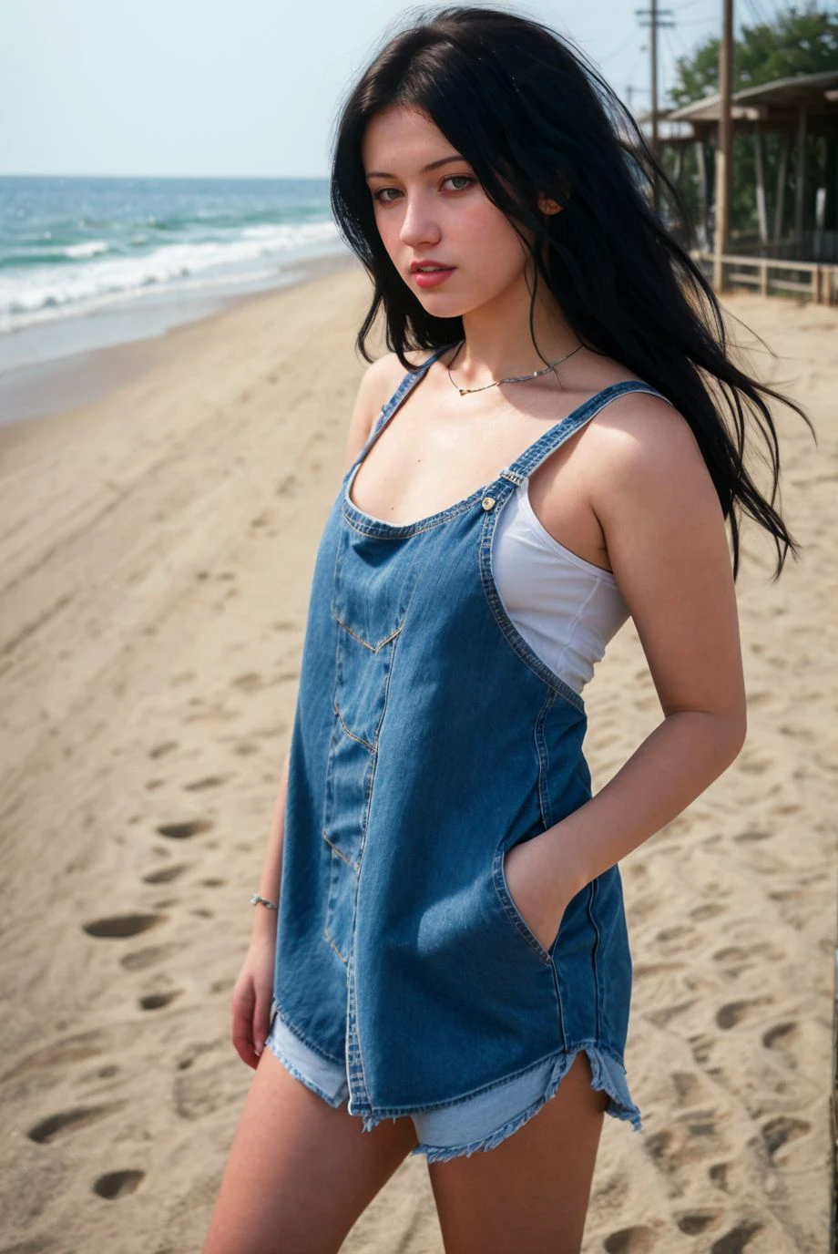 selfie of a beautiful 20 year old pale woman, sundress and denim cutoffs, deserted boardwalk, portait, epic character composition,by ilya kuvshinov, alessio albi, nina masic,sharp focus, subsurface scattering, f2, 35mm, film grain  , long black hair <lora:moniccam:1>
