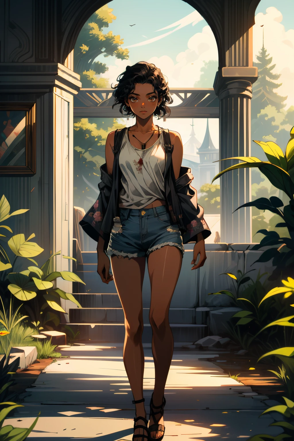 ((ultra detailed, masterpiece, absurdres))
<lora:TLOURiley:0.9>
TLOURiley, 1girl, solo, very dark skin, brown eyes, black hair, in front of Vintage Botanical Garden with Elegant Archways , Bohemian print kimono, tank top, denim shorts, gladiator sandals