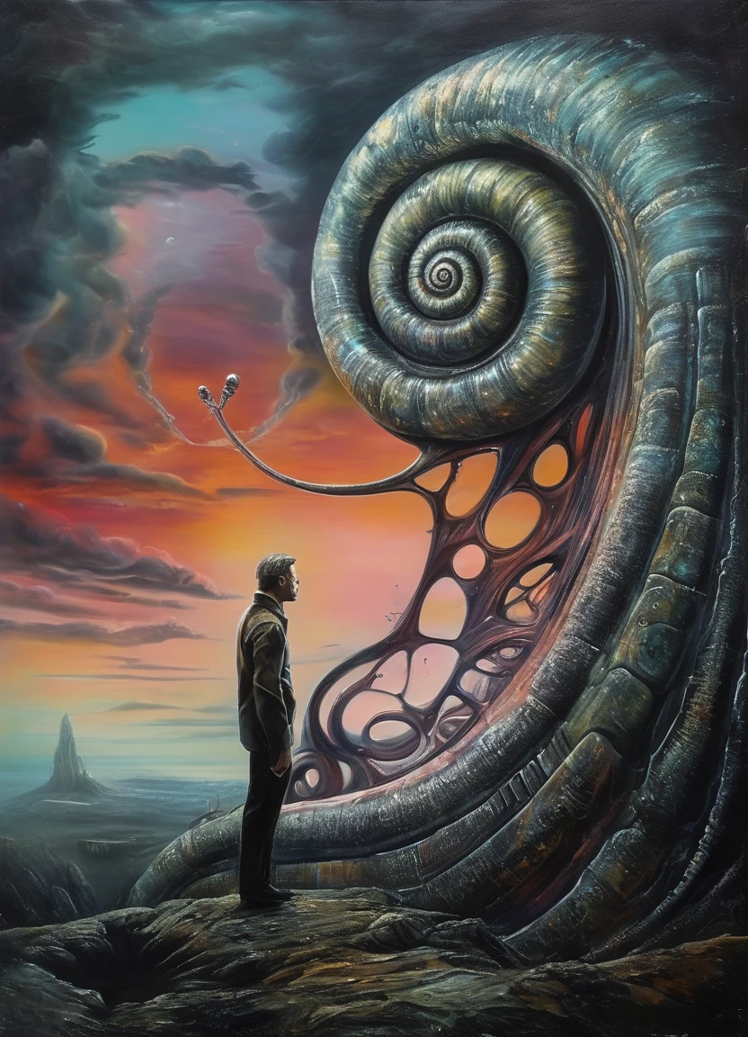 <lora:GigerrainbowXL:0.55> a man is standing in front of a biomech surreal snail in the sky in the style of g1h3r, painting, dark atmosphere