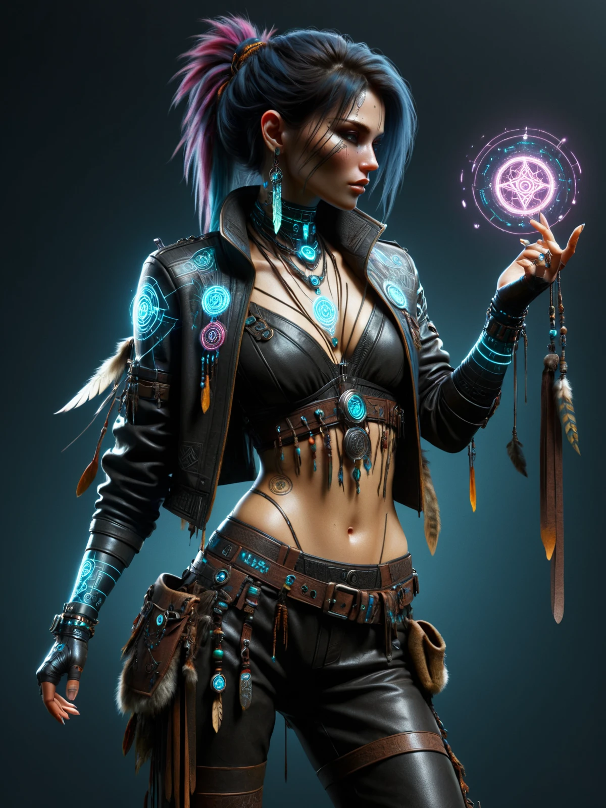 woman, cyberpunk,  cybershaman, runes, magic, dynamic pose <lora:Cyberpunk_Techno-Mages_SDXL:1>, (masterpiece:1.2), best quality