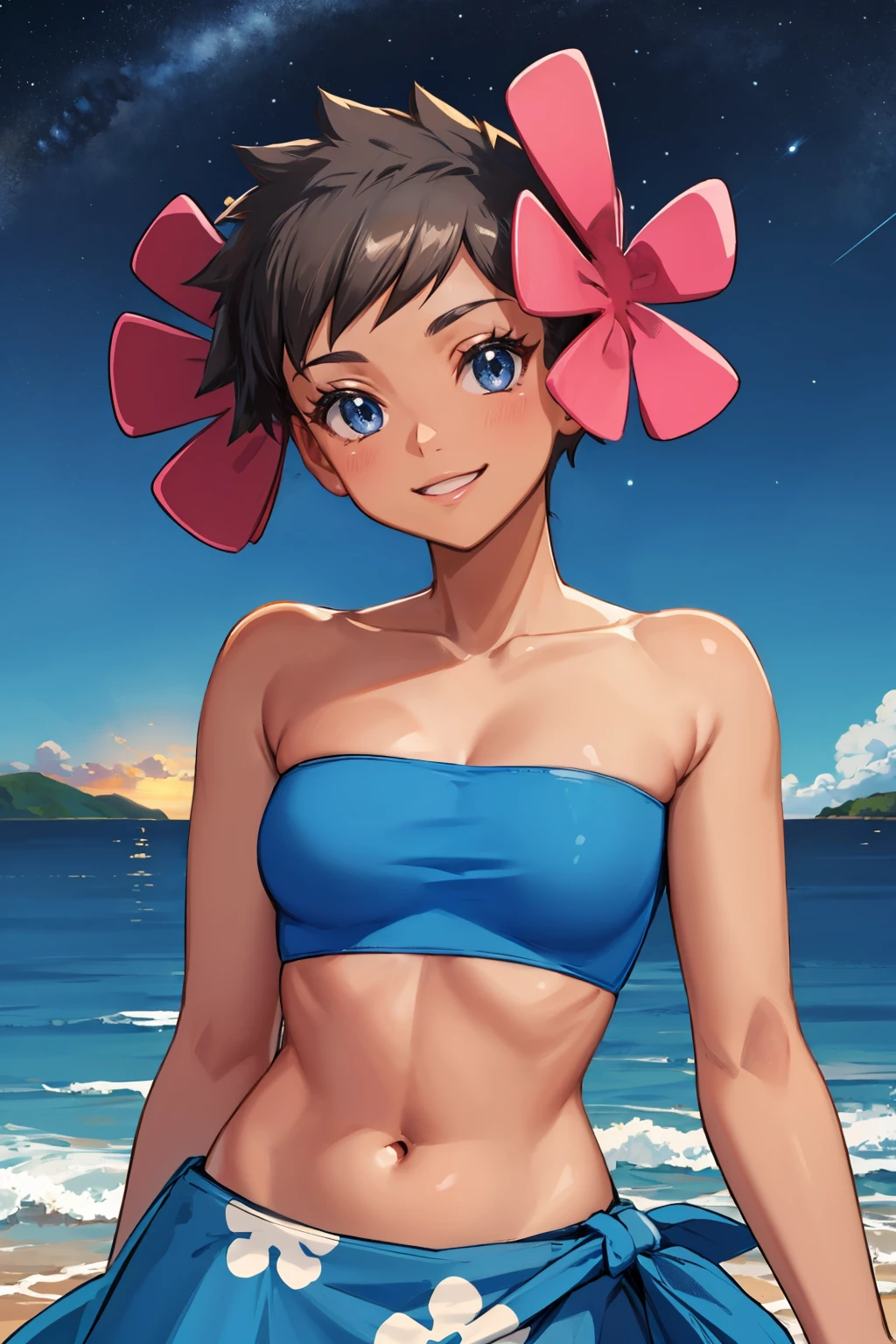 masterpiece, best quality, <lora:phoebe-nvwls-v1-000009:1> defPhoebe, dark skin, hair flower, pink flower, blue tube top, strapless, midriff, blue sarong, blue skirt, upper body, looking at viewer, smile, night sky, mountain, ocean, smirk, shiny skin
