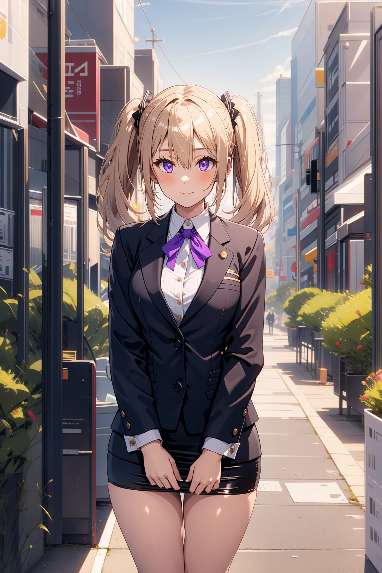 1girl, solo, outdoors, city, looking at viewer, masterpiece, best quality, high resolution, unity 8k wallpaper, (illustration:0.8), (perfect hands, perfect anatomy), shiny hair, shiny skin, standing, sasha necron, blonde hair, low twintails, hair between eyes, purple eyes, hair ribbon, white shirt, black blazer, long sleeves, pencil skirt, black skirt, office lady, business suit, thighs, v arms