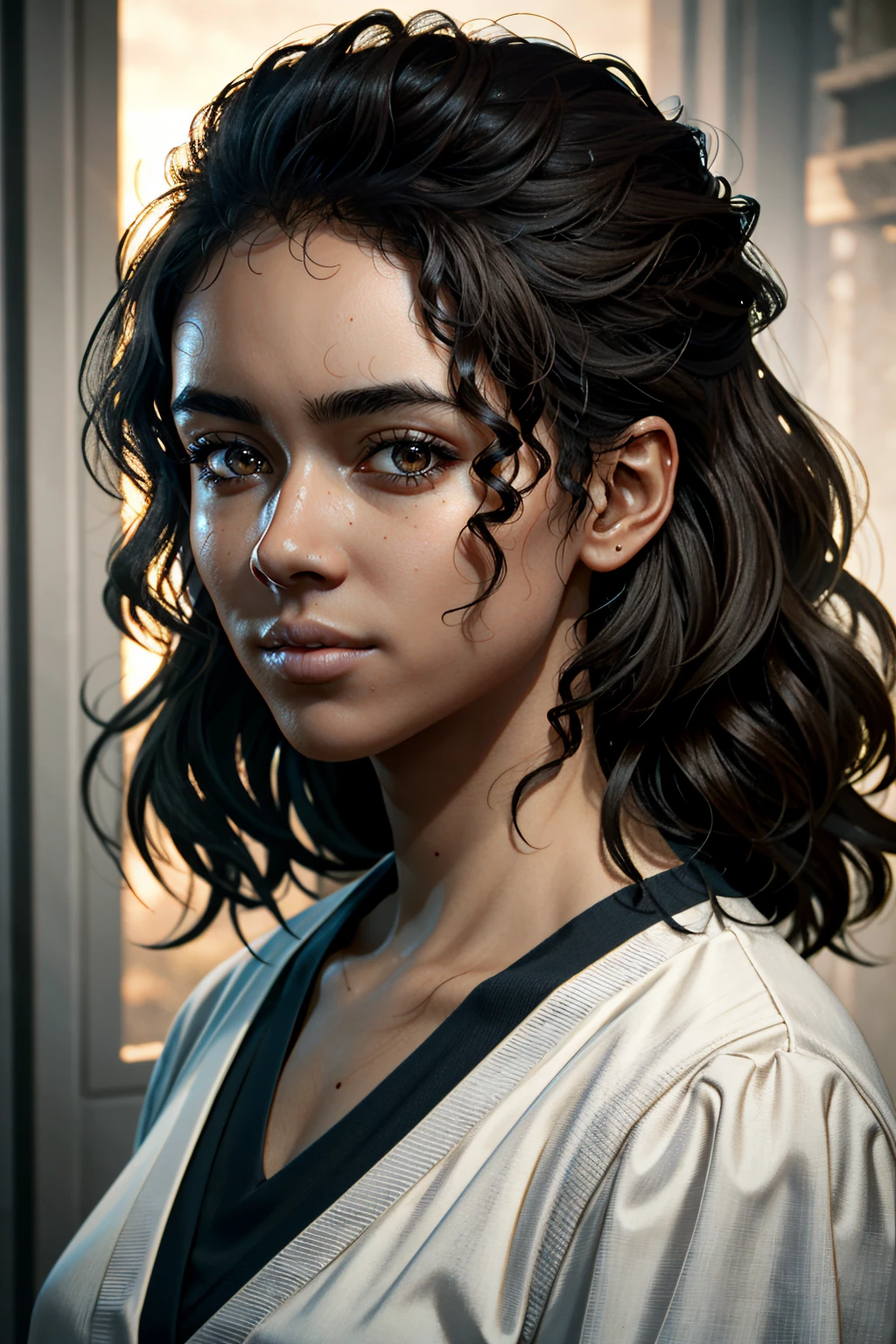 ((ultra detailed, masterpiece, absurdres))
 <lora:UncNadine:0.9>
UncNadine, 1girl, solo, very dark skin, wavy hair, brown hair, brown eyes, portrait