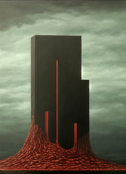 amazing quality, best quality, oil painting, suguru_tanaka, monolith, in the void, city in the background, guts, black sky, dark sky