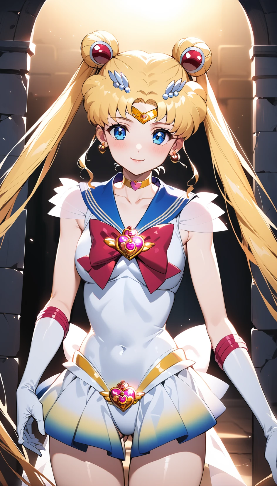 best quality, ultra-detailed, (1girl, solo,<lora:sdxl-supersailormoon-v1:1>, supersailormoon, double bun, twintails, circlet, earrings, choker, bow, gloves, leotard, miniskirt, kind smile,  standing ,,), in a dungeon