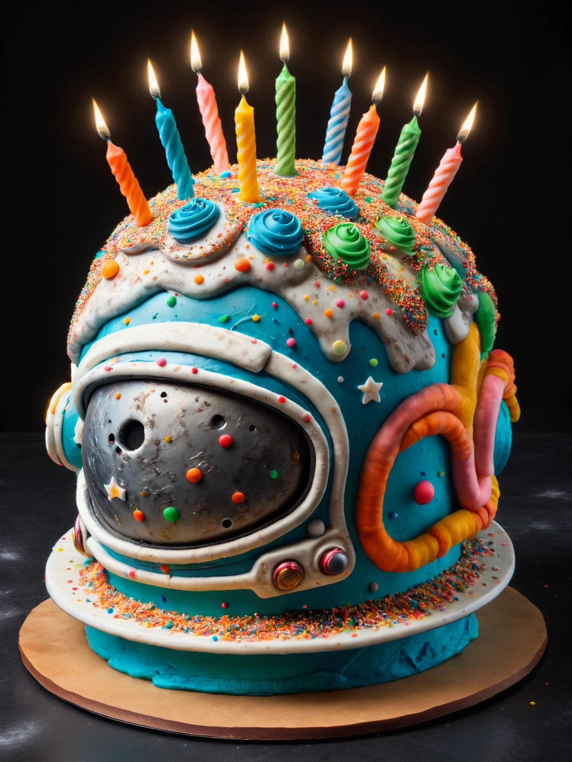 An astronaut's helmet in space, orbiting Earth, looking deliciously decorated as ais-bday cake with star-shaped sprinkles floating around. <lora:Birthday_Style_SDXL:1>
