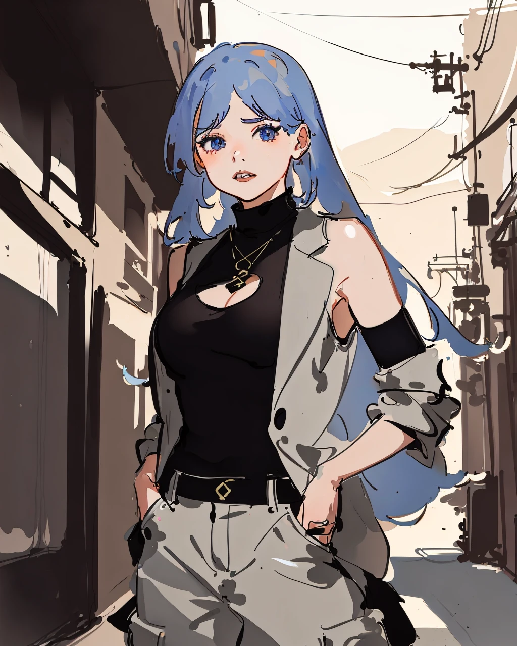 best quality,masterpiece,highly detailed,ultra-detailed, <lora:neg4all_bdsqlsz_V3.5:-1>,1girl, cityscape, < <lora:cartoonisationer:7>, 1girl, Loose-fitting Tank Top: A loose-fitting tank top that provides a more comfortable feel and is suitable for casual wear. Cargo Pants , Pants with side pockets for a utilitarian look. (Blazer:1.3),Wool or cotton blend,Neutral tones like navy, grey, or black breasts, narrow waist, Dreadlocks - Purple , fantastic details full face, dot nose,detailed Teary eyes, bronze iris, arched eyebrows, copper beautiful Detailed Eyes, lips, extremely detailed eyes, fantastic details full face, mouth, trending on artstation, pixiv, cgsociety, hyperdetailed Unreal Engine 4k 8k ultra HD,