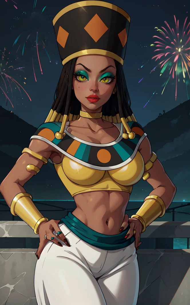 ((masterpiece,best quality)),(highres), night,
(contrapposto)<lora:ANIME_DragonBallSuper_Heles_ownwaifu:1>,
Dress_DragonBallSuper_Heles_ownwaifu,
1girl, hat, eyeshadow, green eyes, long hair, dreadlocks, dark skin, black hair, dark-skinned female, makeup, lipstick, navel, mole under eye, breasts, medium breasts, collarbone, groin, jewelry, bracelet, nail polish, armlet, red lips, no pupils, neck ring, yellow choker, colored skin,
midriff, bracer, choker, crop top, white skirt, long skirt, white pants,
balcony, aerial fireworks, vanishing point, depth_of_field, scenery, solo, cowboy shot, looking at viewer, absurdres,