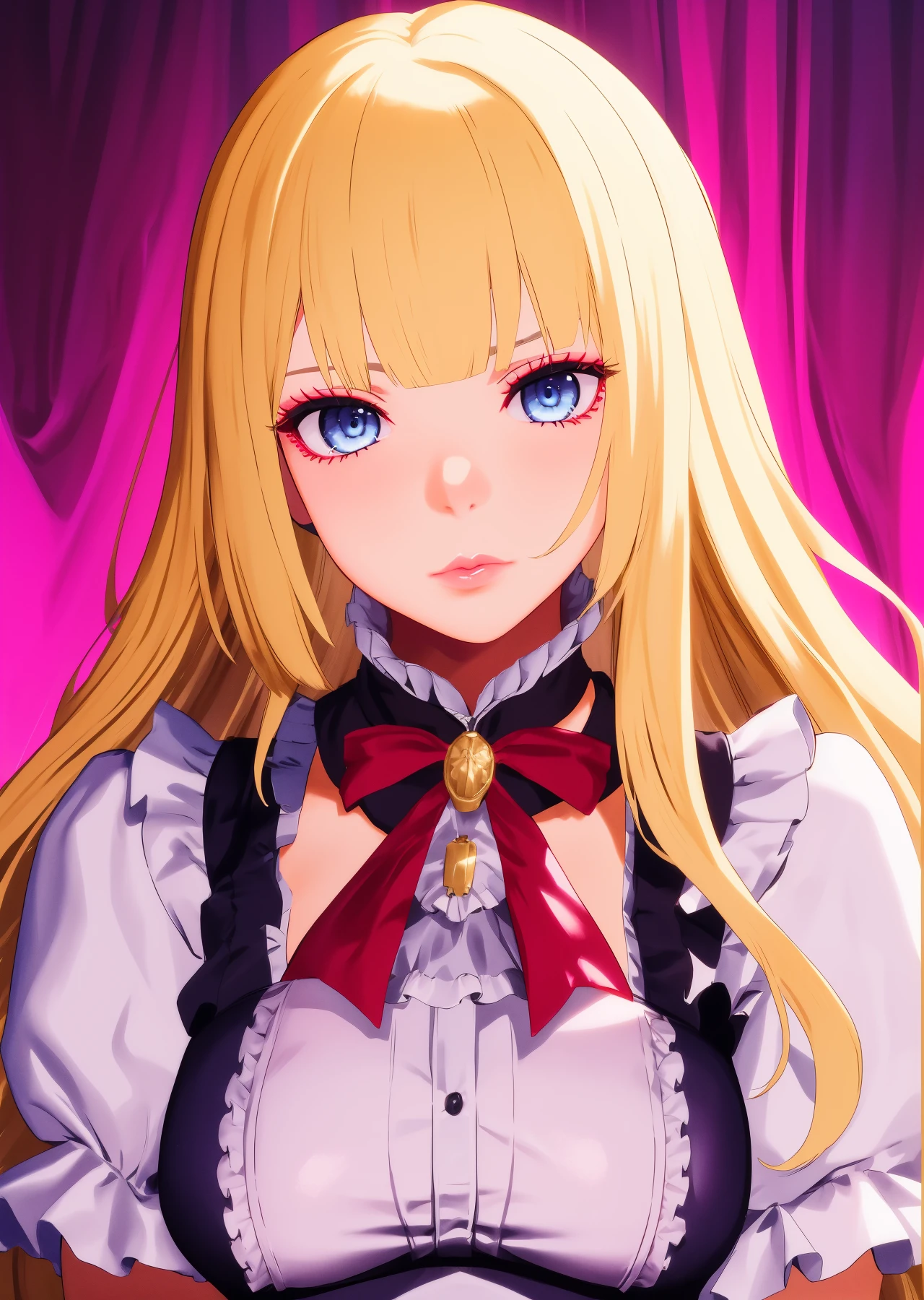<lora:tklili:0.6>,1girl,tklili,blunt bangs, blue eyes,long hair, blonde hair, lips,make up, medium breasts,emotionless, thick ,dress,frills, fingerless gloves, portrait,maturefemale,background is luxury mansion, rich house