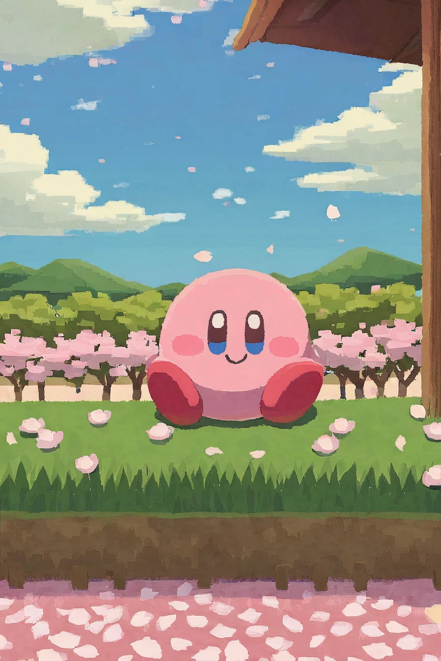 Ara love kirby style, kirby, outdoors, tree, sky, no humans, cloud, day, petals, cherry blossoms, blue eyes, blue sky, blush stickers, scenery, sitting, grass, solo, flower, blush, ocean, smile, cloudy sky