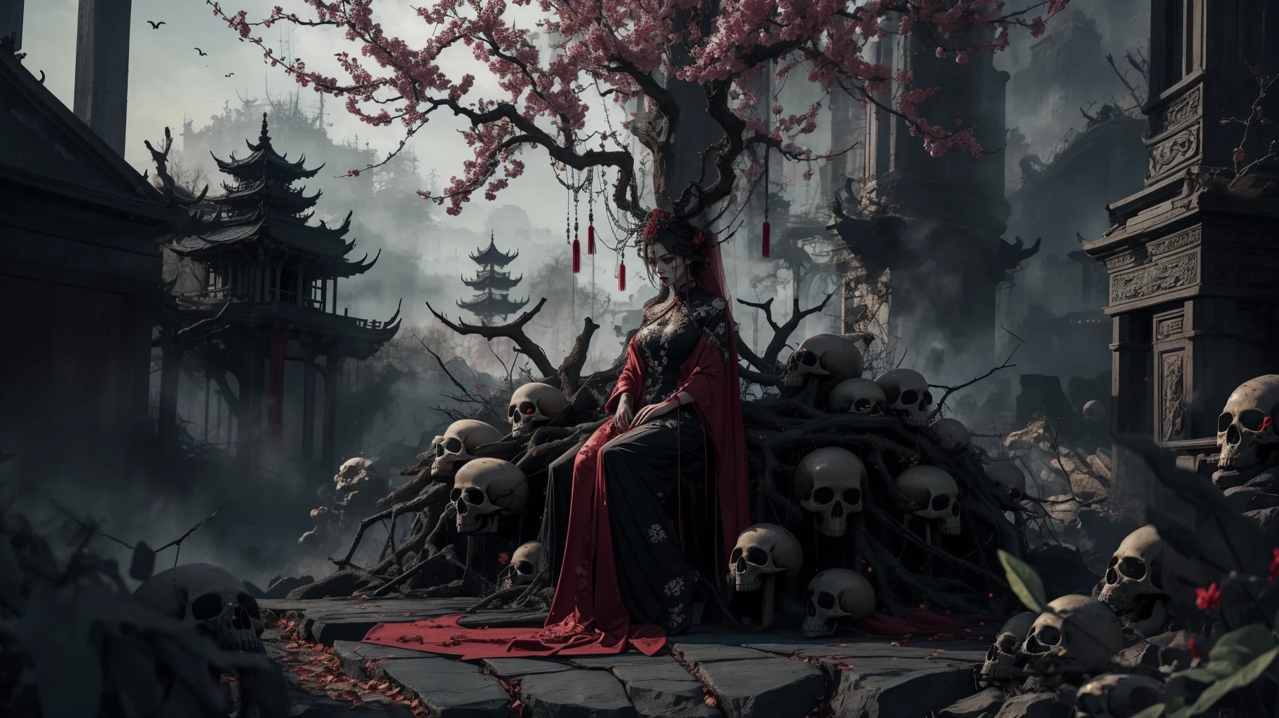 1girl,solo,full body,many skulls,tree,branch,outdoors,china dress,zhongfenghua,black_theme,spider legs,terror theme,spizzy,chinese architecture,forest,night,<lora:麻è¢2024-023æ¡æé0.6-0.8:0.6>,<lora:æªç©å¥³çv1.1:0.6>,spider silk,, masterpiece,best quality,ultra-detailed,