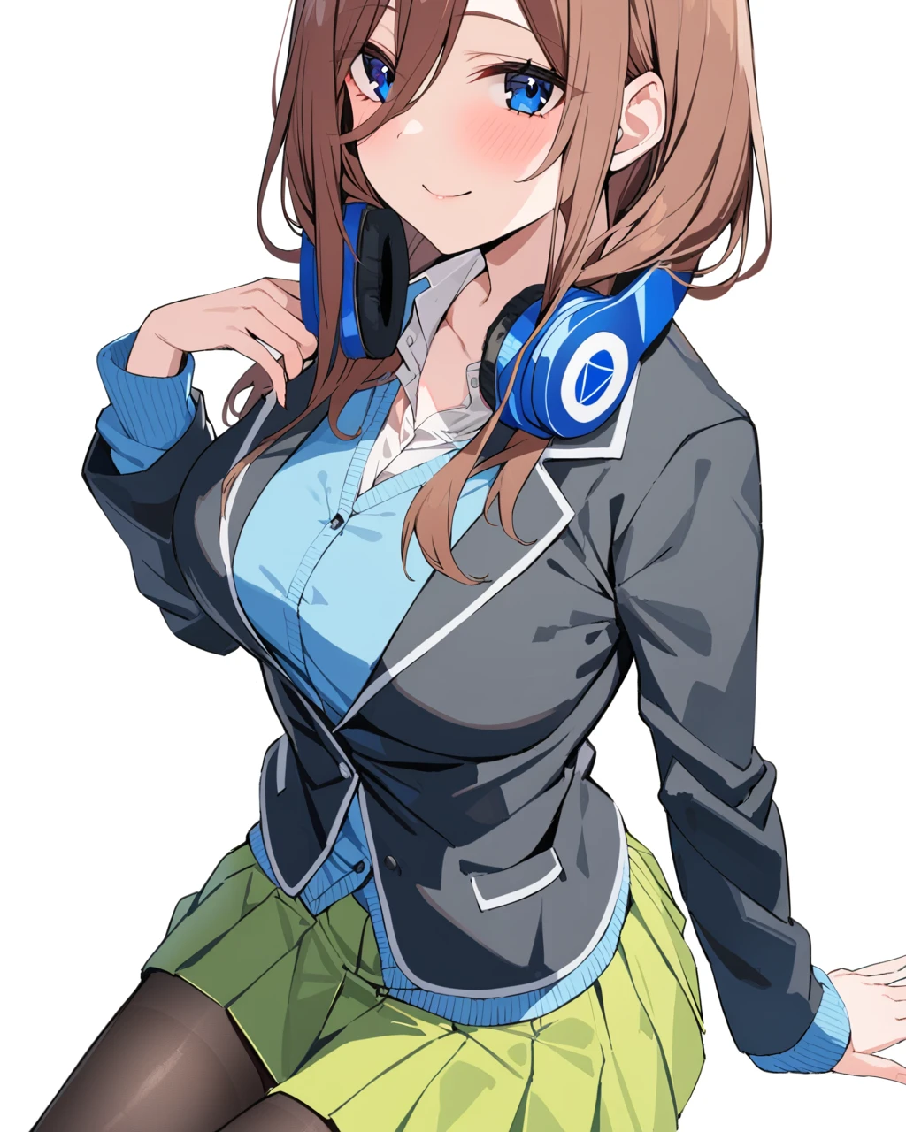 masterpiece, best qualityï¼ <lora:sanjiu2:1>ï¼1girl, nakano miku, solo, headphones around neck, green skirt, looking at viewer, closed mouth, white background, black pantyhose, sitting, long sleeves, smile, blush, pleated skirt, simple background, blue cardigan, shiny hair, black jacket, white shirt, shiny, miniskirt, school uniform, breasts, open jacket