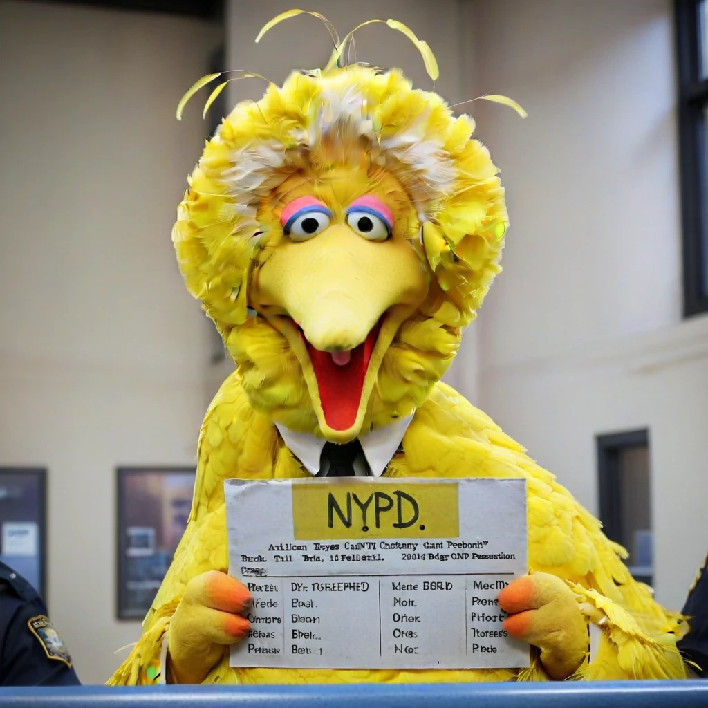 Bigbird1024, a giant yellow bird mugshot in police station, text ''BigBIRD", text ''NYPD'', text ''2024'', text ''drugs possession'', jail, crazy eyes <lora:Bigbird1024-000255:0.8>