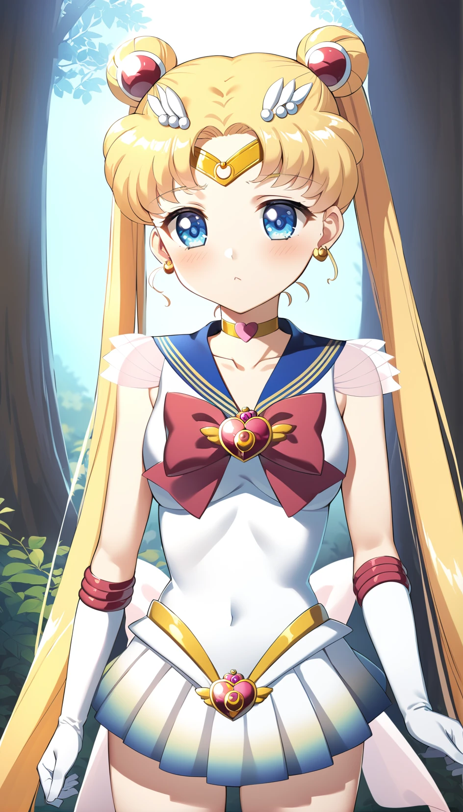 best quality, ultra-detailed, (1girl, solo,<lora:sdxl-supersailormoon-v1:1>, supersailormoon, double bun, twintails, circlet, earrings, choker, bow, gloves, leotard, miniskirt, :/,  standing ,,), in a misty forest