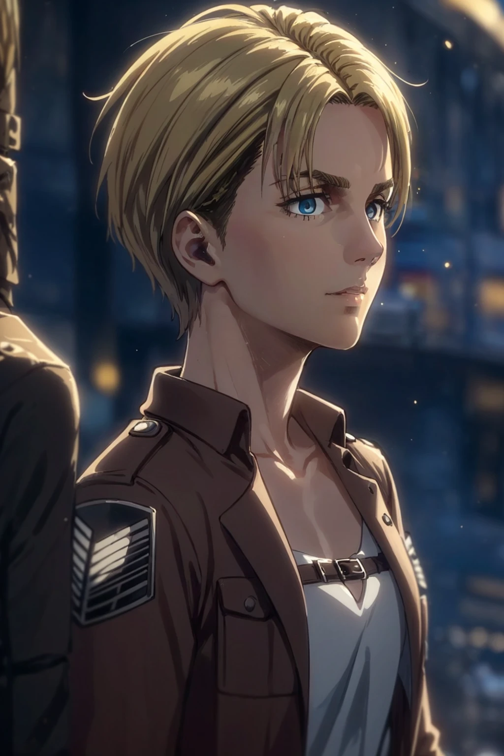 1girl,  solo,  Nanaba,  Attack on Titan,  blue eyes,  wore standard Survey Corps uniform with a light-colored v-neck underneath,  (blond hair,  short hair),  petite build,  beautiful,  handsome female,  charming,  alluring,  gentle expression,  soft expression,  calm,  smile (standing),  (upper body in frame),  simple background,  grey stone crenellation,  dark blue sky,  early mornig,  daylight,  dawn light,  cinematic light,  perfect anatomy,  perfect proportions,  8k,  HQ,  HD,  UHD,  (best quality:1.5,  hyperrealistic:1.5,  photorealistic:1.4,  madly detailed CG unity 8k wallpaper:1.5,  masterpiece:1.3,  madly detailed photo:1.2),  (hyper-realistic lifelike texture:1.4,  realistic eyes:1.2),  picture-perfect face,  perfect eye pupil,  detailed eyes,  dynamic,  (dutch angle),  (side view),  AttackonTitan, perfecteyes,  Nanaba, 1 girl,<lora:EMS-498-EMS:0.200000>,<lora:EMS-269932-EMS:0.600000>,<lora:EMS-1093-EMS:0.600000>