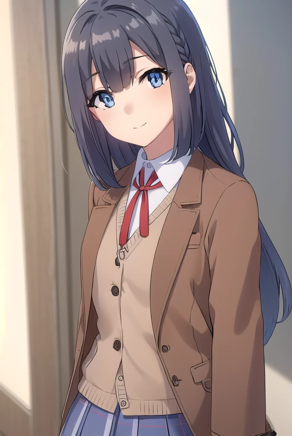 shoukomakinohara, <lora:shouko makinohara s1movie-lora-nochekaiser:1>, 
shouko makinohara, long hair, blue eyes, black hair, braid, smile,
BREAK skirt, shirt, school uniform, white shirt, short sleeves, pantyhose, pleated skirt, collared shirt, blue skirt, black pantyhose, red necktie, jacket, (brown jacket:1.5),
BREAK indoors, classroom,
BREAK looking at viewer, (cowboy shot:1.5),
BREAK <lyco:GoodHands-beta2:1>, (masterpiece:1.2), best quality, high resolution, unity 8k wallpaper, (illustration:0.8), (beautiful detailed eyes:1.6), extremely detailed face, perfect lighting, extremely detailed CG, (perfect hands, perfect anatomy),