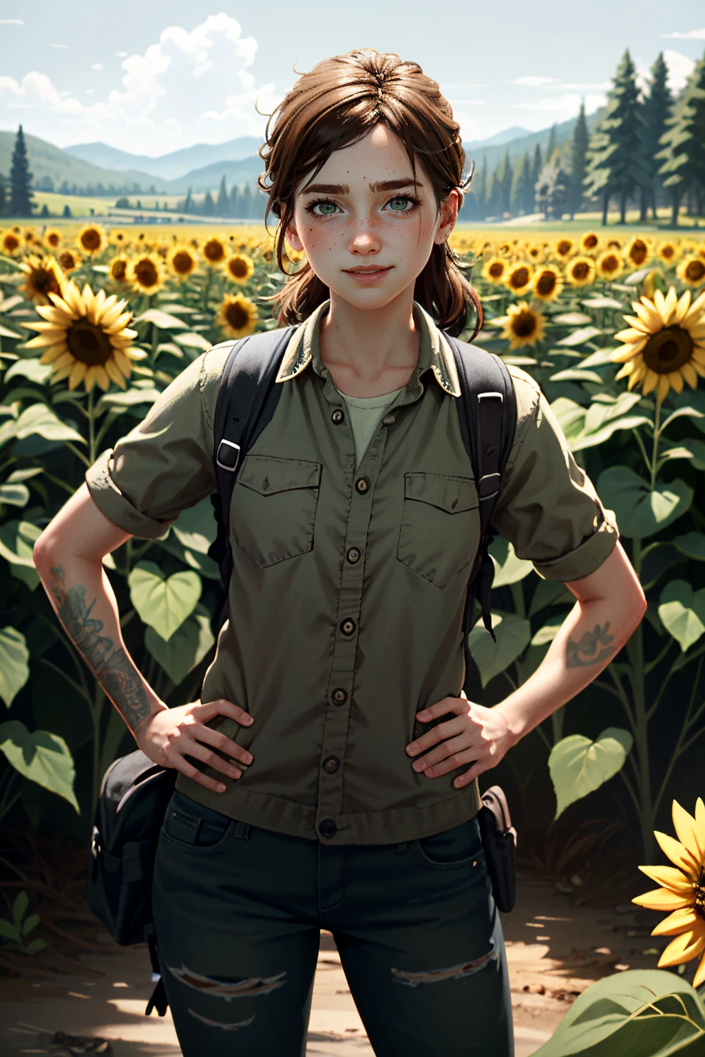 ((ultra detailed, masterpiece, absurdres))
<lora:TLOU2Ellie:0.8>
TLOU2Ellie, 1girl, solo, long hair, brown hair, green eyes, surrounded by sunflowers in a bright field, smiling, with hands on hips