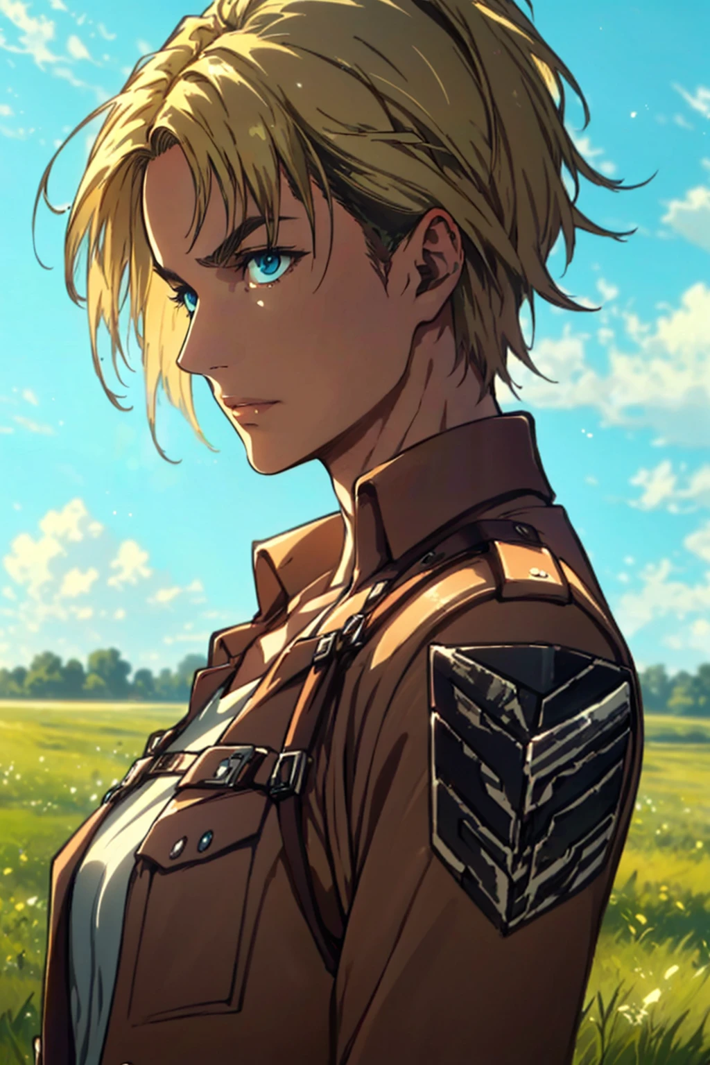 1girl,  solo,  Nanaba,  Attack on Titan,  blue eyes,  wore standard Survey Corps uniform with a light-colored v-neck underneath,  (blond hair) short light hair,  petite build,  beautiful,  handsome female,  charming,  alluring,  gentle expression,  soft expression,  calm,  smile (standing),  (upper body in frame),  simple background,  green plains,  sky,  dawn light,  cinematic light,  perfect anatomy,  perfect proportions,  8k,  HQ,  HD,  UHD,  (best quality:1.5,  hyperrealistic:1.5,  photorealistic:1.4,  madly detailed CG unity 8k wallpaper:1.5,  masterpiece:1.3,  madly detailed photo:1.2),  (hyper-realistic lifelike texture:1.4,  realistic eyes:1.2),  picture-perfect face,  perfect eye pupil,  detailed eyes,  dynamic,  (dutch angle),  (side view),  AttackonTitan, perfecteyes,  Nanaba, 1 girl,<lora:EMS-498-EMS:0.200000>,<lora:EMS-269932-EMS:0.600000>,<lora:EMS-1093-EMS:0.600000>