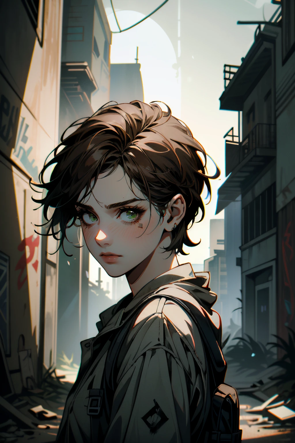 ((ultra detailed, masterpiece, absurdres))
 <lora:TLOU2Ellie:0.8>
TLOU2Ellie, 1girl, solo, short hair, brown hair, green eyes, in front of Graffiti-covered abandoned warehouse, shattered glass, dynamic lighting, post-apocalyptic vibe