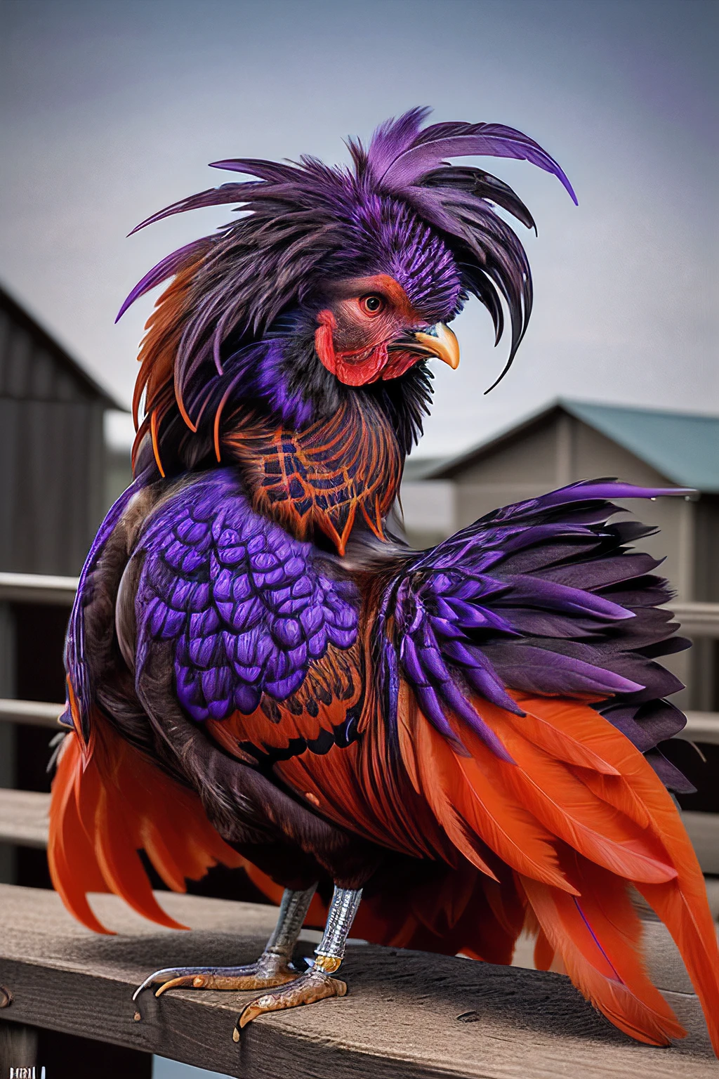 a professional photograph of (R005t3r bird:1.2) chicken,with a elegant wide (orange tail plume:1.3) and colorful bright (purple wing feathers:1.3),standing on a fence in a barn yard,extremely ornate and detailed plumage,facing the viewer,portrait,rich details,hyper realistic,intense,highly detailed,face_focus,looking_at_viewer,(no humans:1.4),PA7_Portrait-MS,<lora:R005t3r_01A-final:1.1>,