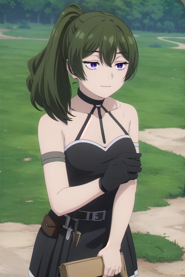 ubel, <lora:ubel-lora-nochekaiser:1>,
ubel, medium hair, hair between eyes, green hair, side ponytail, (purple eyes:1.1), smile,
BREAK skirt, gloves, dress, bare shoulders, pleated skirt, sleeveless, black gloves, elbow gloves, belt, miniskirt, black skirt, black footwear, (black dress:1.5), thigh strap, sleeveless dress, halterneck, armband, single glove, black belt, pleated dress, arm strap,
BREAK outdoors, forest, nature, sun, sky, clouds, grass, trees, river, rocks,
BREAK looking at viewer, (cowboy shot:1.5),
BREAK <lyco:GoodHands-beta2:1>, (masterpiece:1.2), best quality, high resolution, unity 8k wallpaper, (illustration:0.8), (beautiful detailed eyes:1.6), extremely detailed face, perfect lighting, extremely detailed CG, (perfect hands, perfect anatomy),