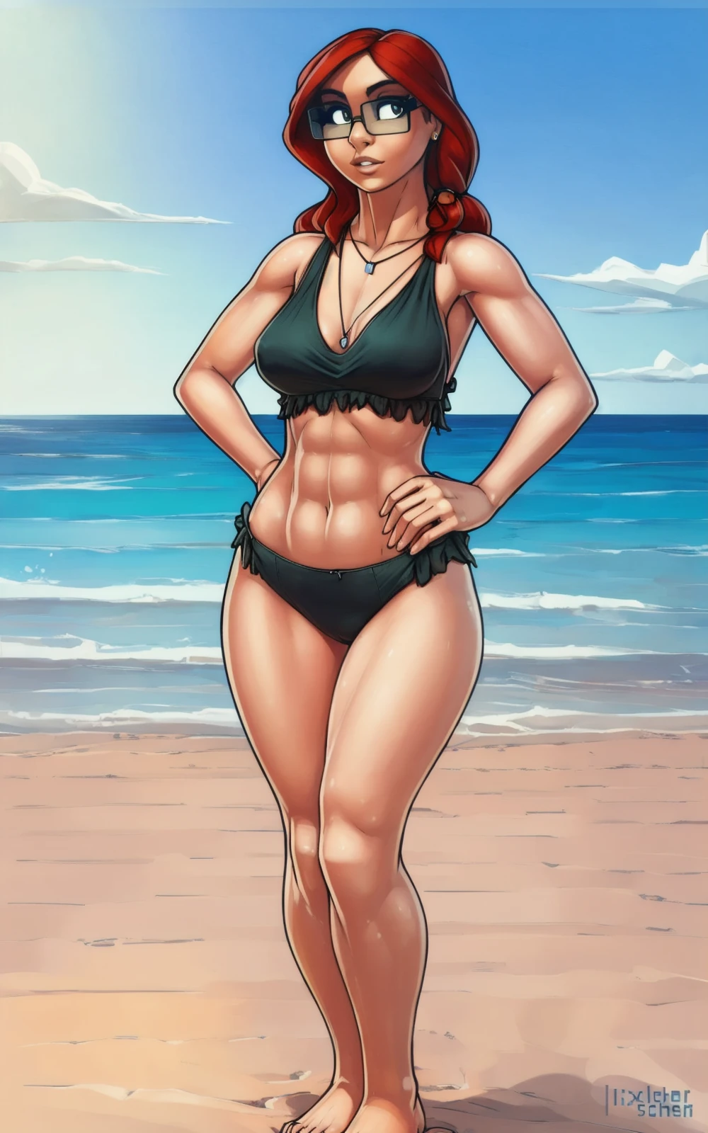 8k,4k,((Best quality, masterpiece, ultra high resolution)),((full body, by pixelsketcher)), <lora:Sophie:0.8>,sophie, breasts, red hair,glasses, necklace, black-framed eyewear ,(human),swimsuit, dark green swimsuit, beach,barefoot,standing,midriff,((ruffled)),black eyes,looking at viewer