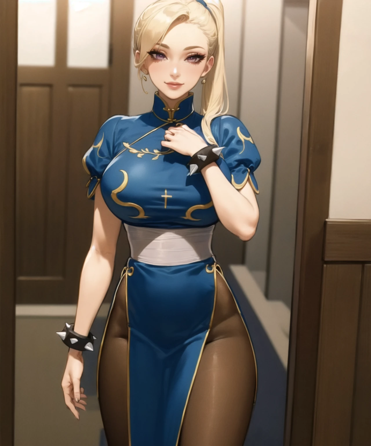 (masterpiece, best quality, ultra detailed, intricate details:1.2), (8k, 4k, beautiful detailed background, beautiful detailed eyes, perfect face, nose, eyelashes), perfect female body, (lips), (cowboy shot, looking at viewer, full body, indoors),  smile,
chun-li_(cosplay), cosplay, 1girl, blonde hair, ponytail pink eyes, spiked bracelet, sash, brown pantyhose, china dress, chinese clothes, blue dress, mandarin collar, short sleeves, side slit, pelvic curtain, puffy sleeves, boots, cross-laced footwear,
 <lora:chun-li_(cosplay):1>