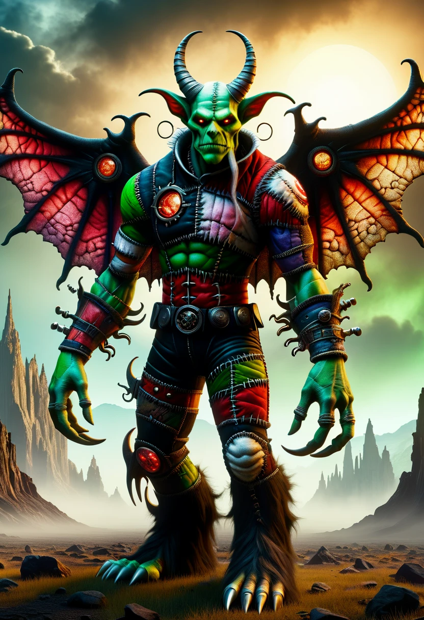 hyper detailed masterpiece, dynamic realistic digital art, awesome quality,DonMFr4nk3nst31nXL sewn together patchwork abomination elf, demonic malevolent figure, horns, wings, tail, , deceit, wickedness, rebellion, religious, mythological, fallen angel, temptation, corrupting influence, malevolent force , hyper detailed masterpiece, dynamic realistic digital art, awesome quality,interstellar the enchanted dominion,plasma home,goal-oriented infernal fog,mandelbrot set, martian atmosphere,funereal,endocrine-disrupting,imperial,gothic,compassionate,stimulating,precious (in a symbolic sense), , sinister, eerie <lora:DonMFr4nk3nst31nXL-000008:0.8>