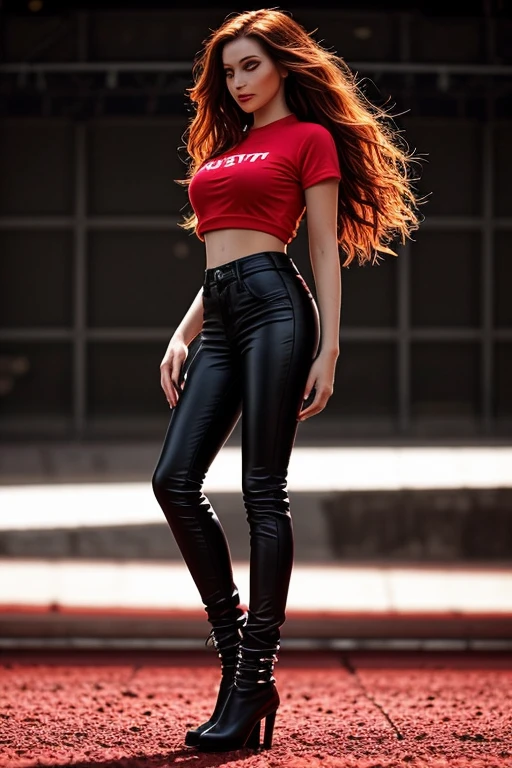 tv_Alina_Lewis_GM_V1, , (CINEMATIC SHOT:1.4), (blow out hair:1.4) (Red eyeshadow, Black eyeliner, red lipstick:1.2) (lens flare:1.2) ((Photo Focus, DOF, Aperture, insanely detailed and intricate, character, hypermaximalist, elegant, ornate, beautiful, exotic, revealing, appealing, attractive, (amative:1.1), hyper realistic,( super detailed:1.1), heresy flares))(volumetric Red smoke:1.5) (RED CONCERT HALL:1.5)(Rock stage in the background:1.5) (FROWNING at viewer:1.3) (red T-Shirt:1.5) (Black Leather pants:1.7)(red Boots:1.5) (from the side:1.5), <lora:epiNoiseoffset_v2Pynoise:1> Masterpiece, Best Quality, ultrarealistic photography, real life, colorful, amazing, perfect lighting, bright colors, dramatic, dynamic, cinematic lighting, hyperrealism, intricate details, epic, realism, <lora:LCM_LoRA_Weights_SD15:1>