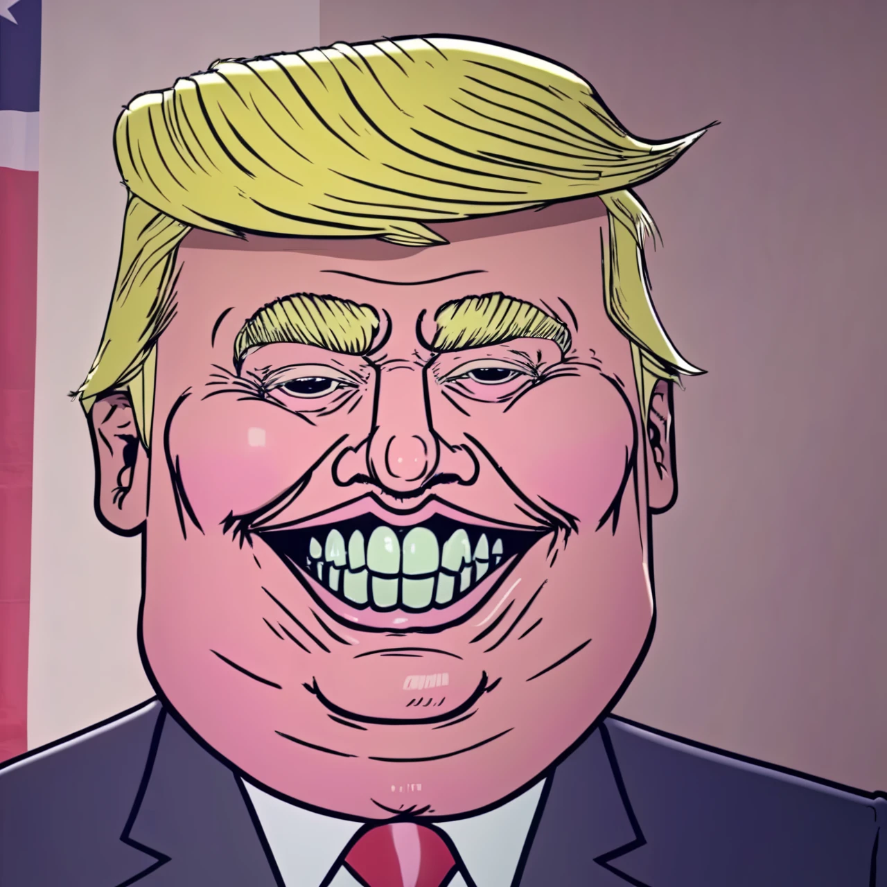 meatcanyon style, cel-shaded, caricature,
donald trump smiling,
<lora:meatcanyon-sdxl-v1:1>