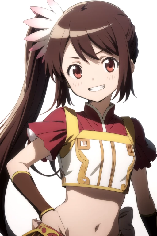 solo, 1girl, looking at viewer, sketch, flat colors, 2D, anime, anime coloring, upper body, (solid white background:1.3), <lora:tsuruno-madomagi-01:0.8>, tsuruno yui, magical girl, hair ornament, midriff, grin
