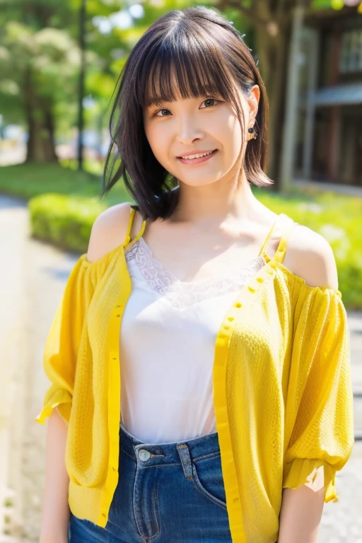 1girl, (yellow seamless camisole, jacket:1.4),(sleeveless, off shoulder:1.4),(RAW photo, best quality), (realistic, photo-realistic:1.4), masterpiece, an extremely delicate and beautiful, extremely detailed, 2k wallpaper, Amazing, finely detail, extremely detailed CG unity 8k wallpaper, ultra-detailed, highres, soft light, beautiful detailed girl, extremely detailed eyes and face, beautiful detailed nose, beautiful detailed eyes,(cinematic lighting:1.4),(in the city:2.0),perfect anatomy,(slender body:1.6),(close up face:2.4),(laugh,Friendly, warm:2.0),(looking at viewer:1.8),(japanese idol:1.8),(wavy short  brown hair:1.6), (brown eyes:1.8),(dynamic posing:1.8),   <lora:sagaramayu_lora-11:1>