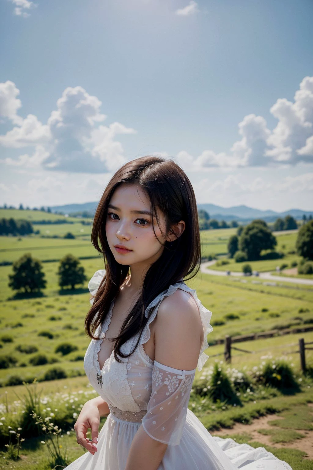 (realistic:1.3) , finely detailed, quality, (masterpiece:1.2) , (photorealistic:1.2) , (best quality) , (detailed skin:1.3) , (intricate details) , ray tracing, dramatic, cute girl, A peaceful countryside dotted with fields of grazing livestock and charming farmhouses.
