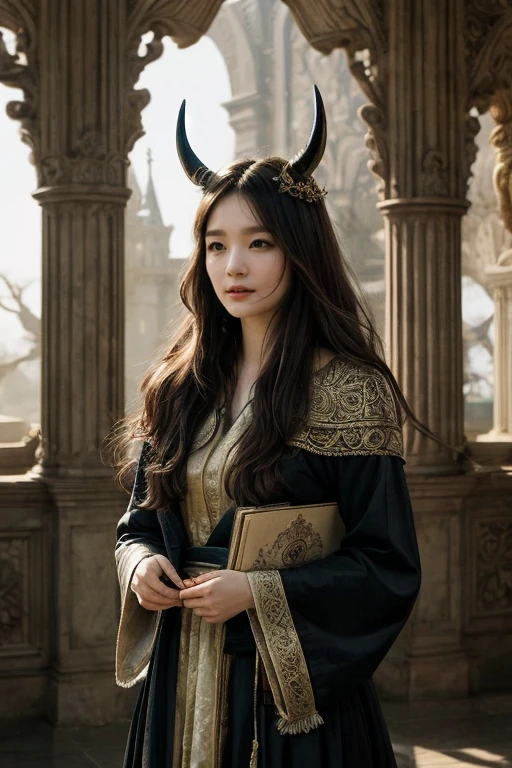 unparalleled 8K UHD professional photograph that stands as a testament to the zenith of artistic vision, set against the backdrop of a spellbinding fantasy realm. At the heart of this realm is a 19-year-old girl, a figure of sublime beauty with cascading soft black hair that glimmers like strands of starlight. Her presence is a harmonious contradiction: while her visage radiates innocence, her amazingly elegantly arched black devil horns unveil her true identity as a bona fide real demon. These devil horns, majestic yet menacing, are a perfect embodiment of her dual nature, blending seamlessly with her enchanting allure. Her pale hands, captured in exquisite detail, are not just visually striking but are also imbued with the narrative of her demonic heritage, each line and curve a whisper of her ancient lineage. By her side stands a majestic, enigmatic giant crow, a noble companion whose presence complements her own formidable essence. Their bond transcends the ordinary, radiating a joy that is both pure and deeply rooted in their shared mystical bond. The scene is bathed in a resplendent natural light that not only illuminates but also enhances the surreal elements of this otherworldly setting. The light weaves through her hair, dances around her horns, and casts a noble glow on her scary giant crow companion, against a backdrop that is vibrant and dreamlike. This composition is a masterful interplay of light and shadow, adding depth and dimension, and rendering every texture so vivid that it feels tangible. This photograph is more than a visual feast; it's an immersive experience. The viewer is not merely observing but is drawn into a world where the line between reality and fantasy blurs, touched by the beauty, mystery, and intrinsic joy of this demon girl and her mythical crow. It's a portrayal that transcends the medium, capturing the essence of their otherworldly existence in a moment frozen in time.