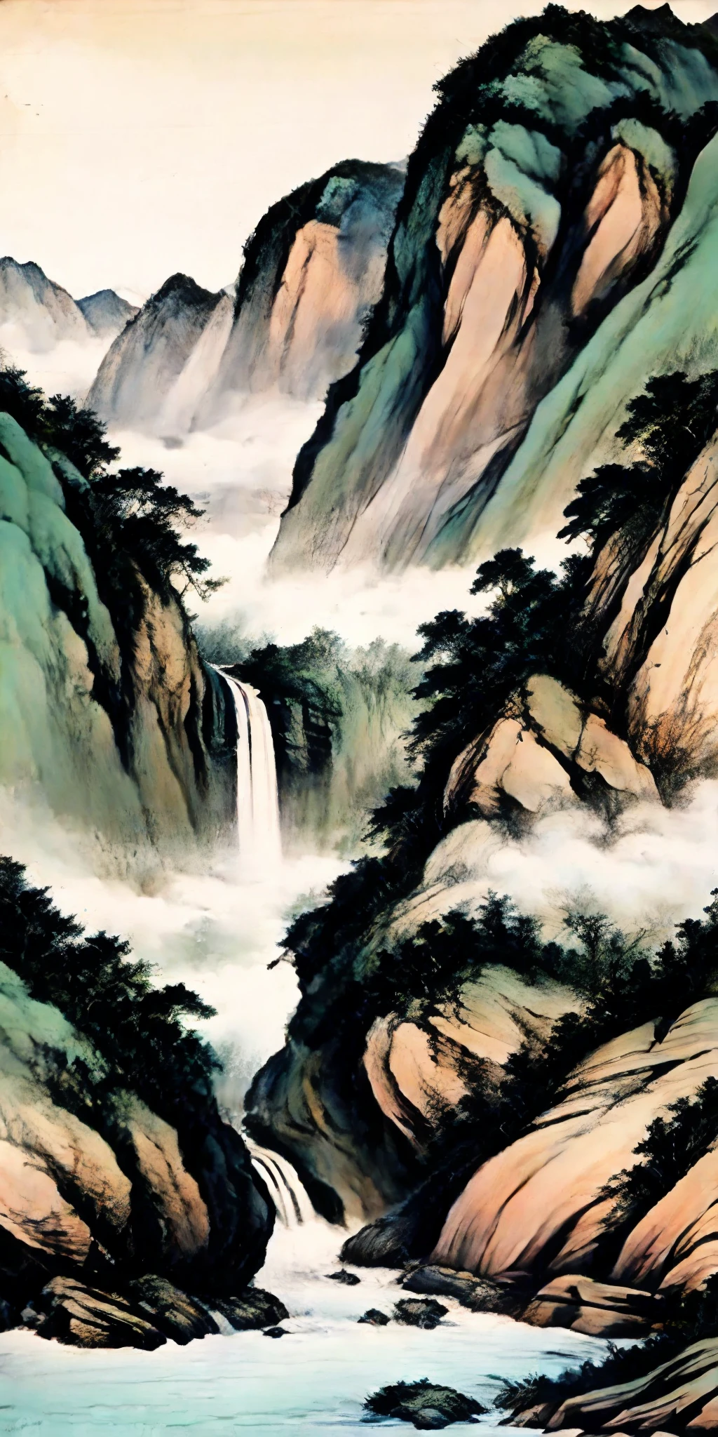 hezi, landscape painting, ancient painting texture, scenery, mountain, tree, outdoors, water, nature, no humans, landscape, river, cloud, sky, fog, cliff, traditional media, waterfall, forest, rock, lake, cloudy sky, solo, bird, 1girl, long hair<lora:山水ç»:0.6>