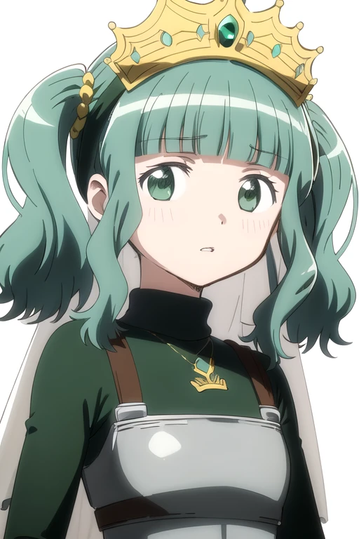 solo, 1girl, looking at viewer, sketch, flat colors, 2D, anime, anime coloring, upper body, (solid white background:1.3), <lora:sana-madomagi-01:0.8>, sana futaba, magical girl, green turtleneck, armor, crown, veil, parted lips