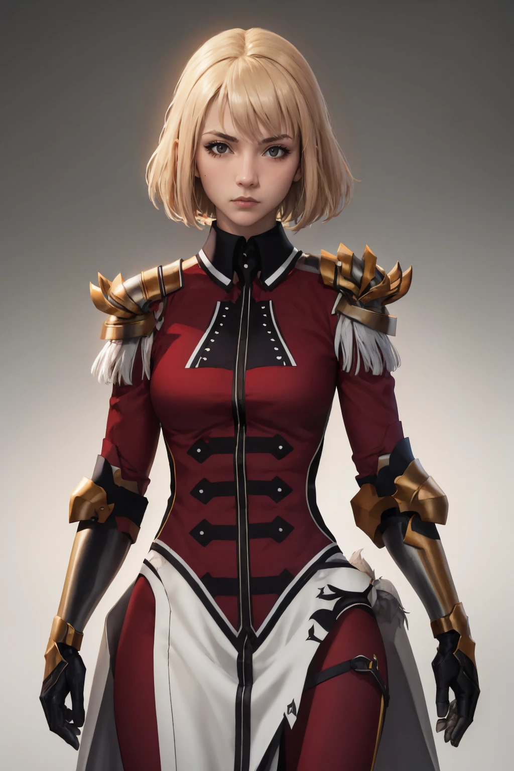 solo, 1girl, cha hae-in, expressionless, looking at viewer, armor, black collar, shoulder armor, long sleeves, gloves, gauntlets, pelvic curtain <lora:sololeveling_chahae-in-13:1>
