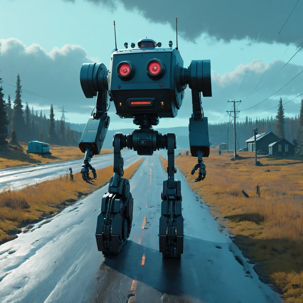 robot walking down a road  in the style of simon stalenhag,    highly detailed,   8k,   sharp,  professional, clear,   high contrast, high saturated,  vivid deep blacks, crystal clear