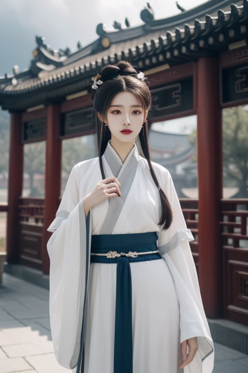 ltra-detailed,highly detailed,best quality,masterpiece,illustration,realistic,photorealistic,
hanfu-jingzhi, 1girl, solo, 
hanfu, chinese clothes, wide sleeves, long sleeves, sash, see-through, layered clothes, traditional dress, colored dress, 
looking at viewer, standing, upper body,  
outdoors, photo background, cloud, grey sky, cloudy sky, day,east asian architecture, courtyard, 
<lora:hanfu jingzhi_v1_02:0.7>