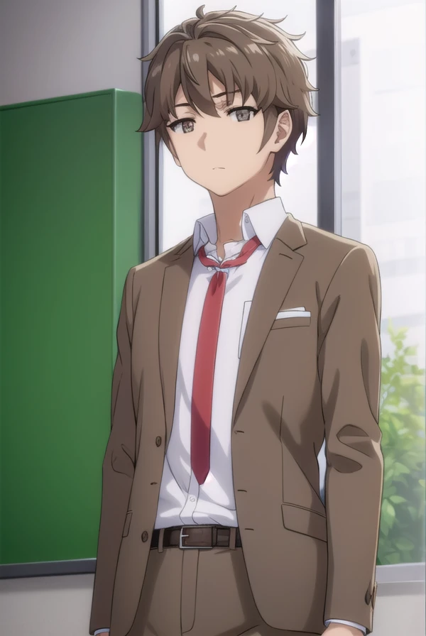 sakutaazusagawa, <lora:sakuta azusagawa s1-lora-nochekaiser:1>,
sakuta azusagawa, short hair, brown hair, (brown eyes:1.5), male focus,
BREAK shirt, long sleeves, school uniform, jacket, white shirt, open clothes, necktie, belt, pants, blazer, red necktie, brown jacket,
BREAK indoors, classroom,
BREAK looking at viewer, (cowboy shot:1.5),
BREAK <lyco:GoodHands-beta2:1>, (masterpiece:1.2), best quality, high resolution, unity 8k wallpaper, (illustration:0.8), (beautiful detailed eyes:1.6), extremely detailed face, perfect lighting, extremely detailed CG, (perfect hands, perfect anatomy),