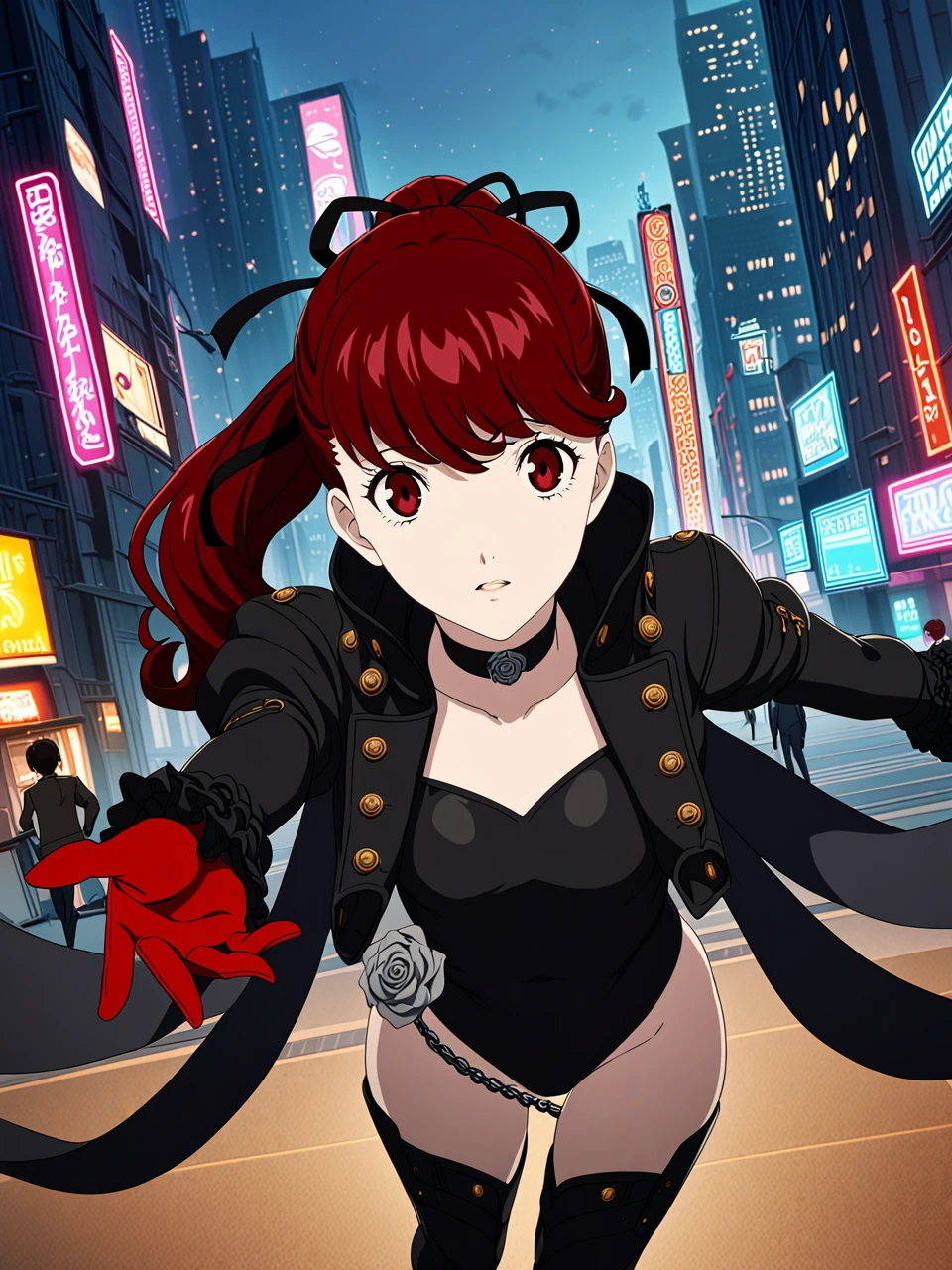 dsviolet, red hair, long hair, ponytail, red eyes, black ribbon, hair ribbon, black leotard, jacket, thigh boots, choker, frilled sleeves, coattails, red gloves, chain, (silver rose:0.5), 1girl, solo
BREAK
standing, futuristic city, neon lights, night, looking at viewer, depth of field, cinematic, game cg, anime screencap, official art, masterpiece, best quality
<lora:dskasumi_a3b:1>