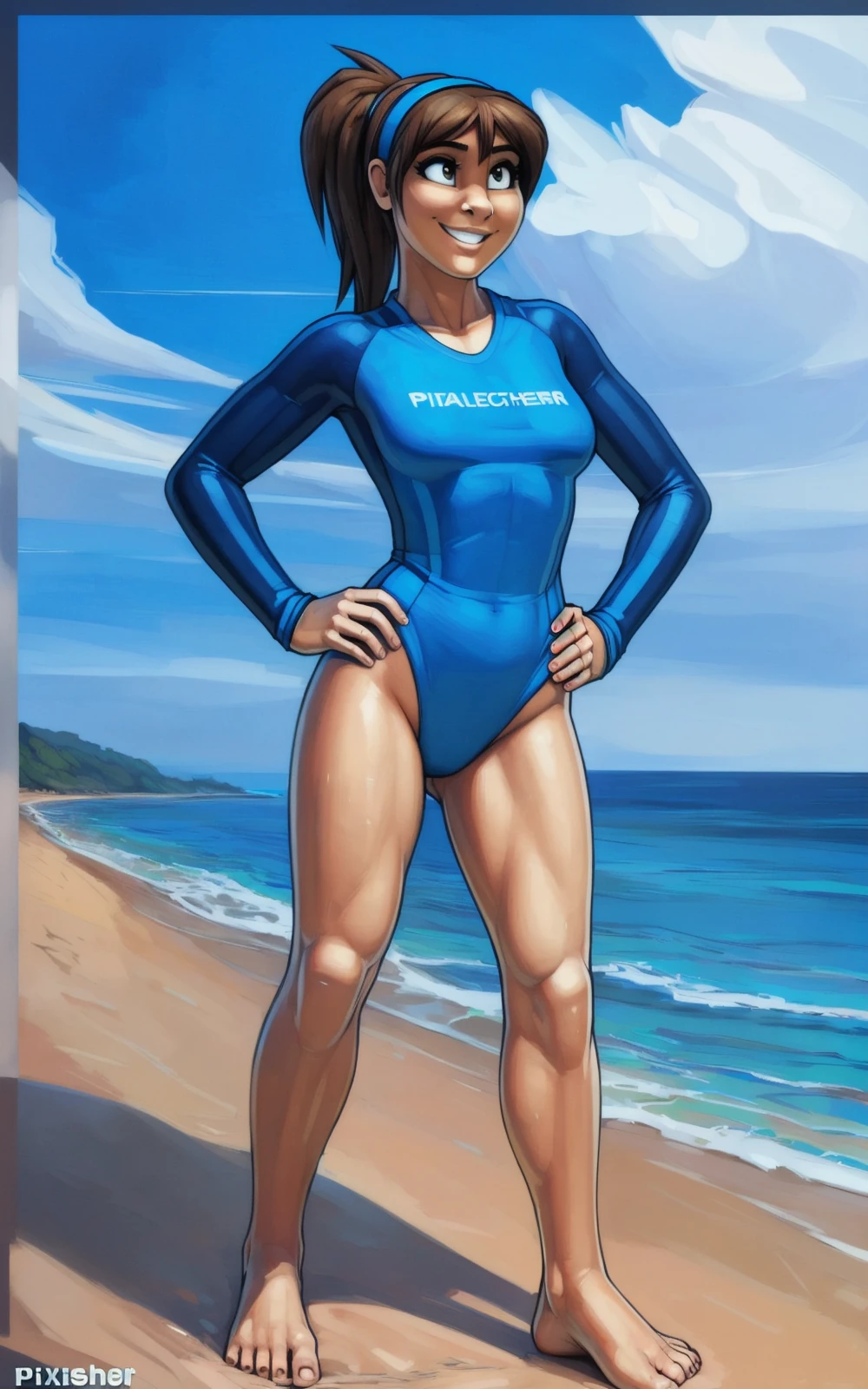 8k,4k,((Best quality, masterpiece, ultra high resolution)),((full body, by pixelsketcher)), <lora:Erika:0.8>, brown hair, ponytail, dark blue hairband,human, blue rash guard,bottomless,beach,barefoot,smile,long sleeves,hands on hip,