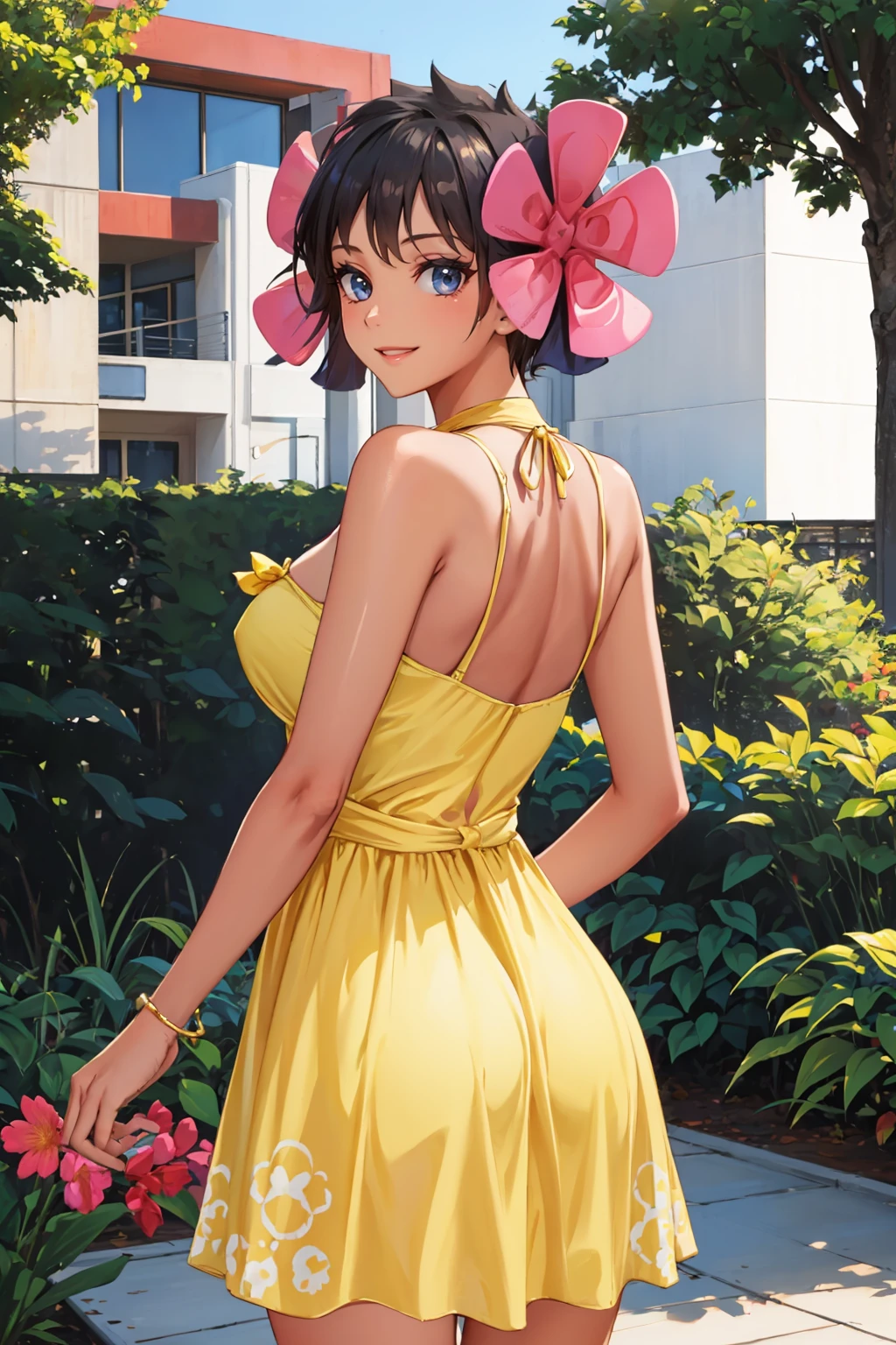 masterpiece, best quality, <lora:phoebe-nvwls-v1-000009:0.9> defPhoebe, dark skin, hair flower, pink flower, (yellow sundress:1), from behind, <lora:edgChamYellowSundress:0.8> edgYSD,woman wearing a yellow sundress, garden, smile