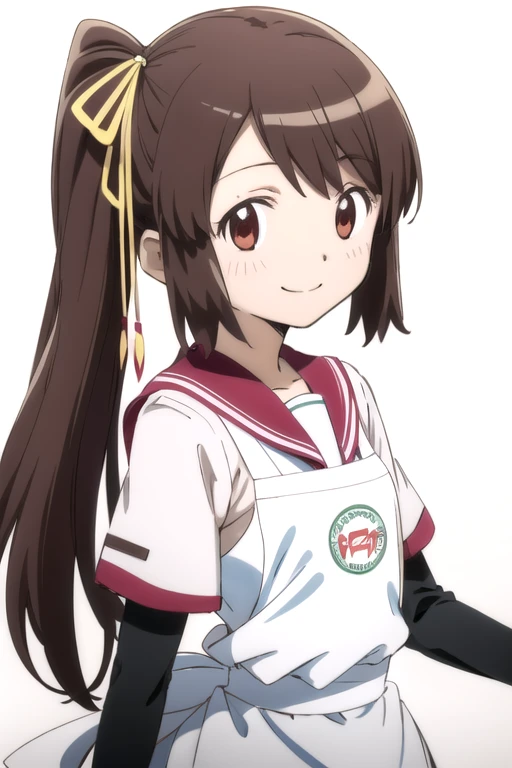 solo, 1girl, looking at viewer, sketch, flat colors, 2D, anime, anime coloring, upper body, (solid white background:1.3), <lora:tsuruno-madomagi-01:0.8>, tsuruno yui, sailor collar, serafuku, apron, layered sleeves, hair ribbon, smile