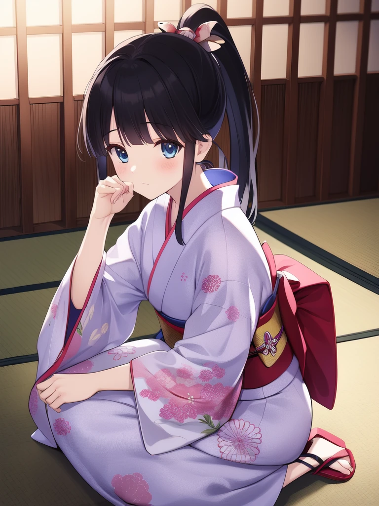 <lora:Sugiura_Koharu:0.8>,  Koharu, 1girl, japanese clothes, solo,ãpink_ kimono, ponytail, squatting, black hair, blue eyes, sandals, long hair, bangs, obi, sash, sidelocks, bag, yukata, pink kimono, long sleeves, closed mouth, full body, wide sleeves, blush, floral print, hair ornament, tatami,
masterpiece, high quality, very_high_resolution, large_filesize, full color,