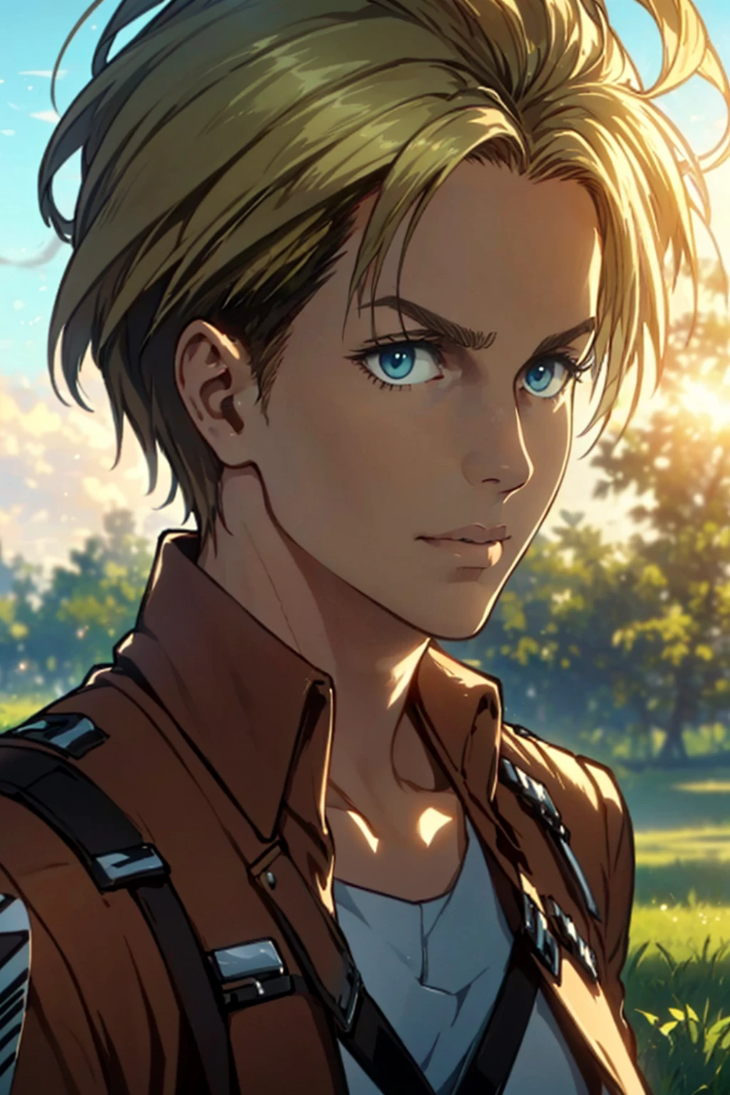 1girl,  solo,  Nanaba,  Attack on Titan,  blue eyes,  wore standard Survey Corps uniform with a light-colored v-neck underneath,  (blond hair) short light hair,  petite build,  beautiful,  handsome female,  charming,  alluring,  gentle expression,  soft expression,  calm,  smile (standing),  (upper body in frame),  simple background,  green plains,  sky,  dawn light,  cinematic light,  perfect anatomy,  perfect proportions,  8k,  HQ,  HD,  UHD,  (best quality:1.5,  hyperrealistic:1.5,  photorealistic:1.4,  madly detailed CG unity 8k wallpaper:1.5,  masterpiece:1.3,  madly detailed photo:1.2),  (hyper-realistic lifelike texture:1.4,  realistic eyes:1.2),  picture-perfect face,  perfect eye pupil,  detailed eyes,  dynamic,  (dutch angle),  (facing sunlight:1.5),  (side view),  AttackonTitan, perfecteyes,  Nanaba , 1 girl,<lora:EMS-498-EMS:0.200000>,<lora:EMS-269932-EMS:0.600000>,<lora:EMS-1093-EMS:0.600000>