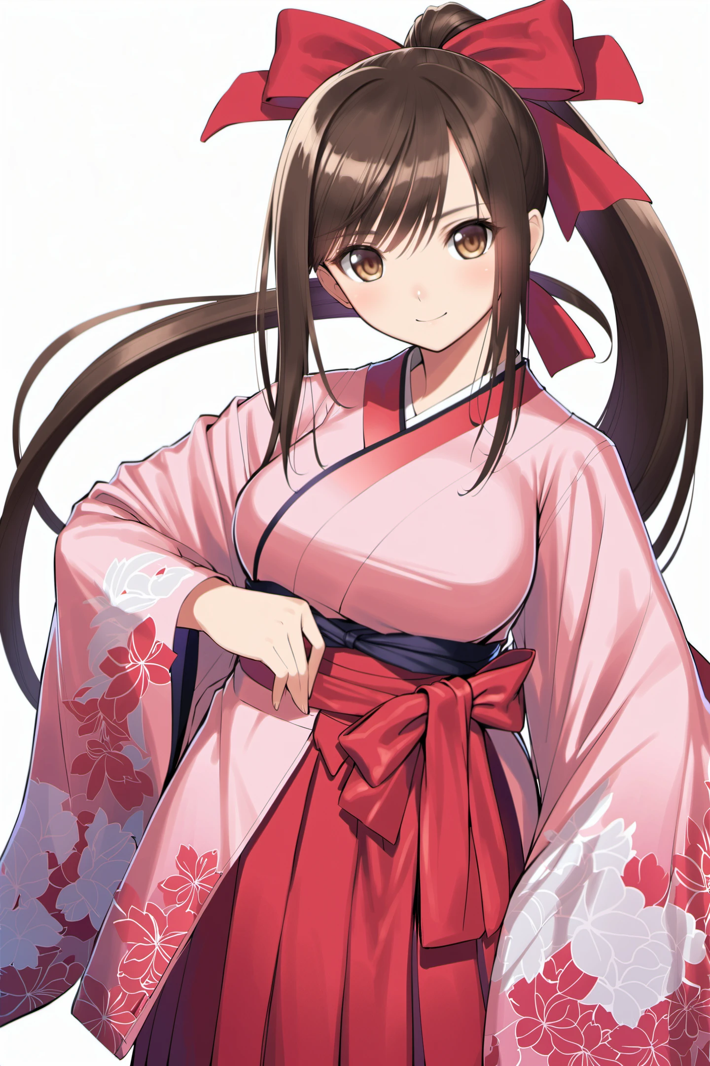 1girl, japanese clothes, solo, long hair, ponytail, brown hair, kimono, skirt, simple background, smile, hakama, bow, hakama skirt, looking at viewer, hair bow, wide sleeves, ribbon, white background, bangs, pink kimono, floral print, long sleeves, very long hair, medium breasts, <lora:TONY_XL:0.8>
