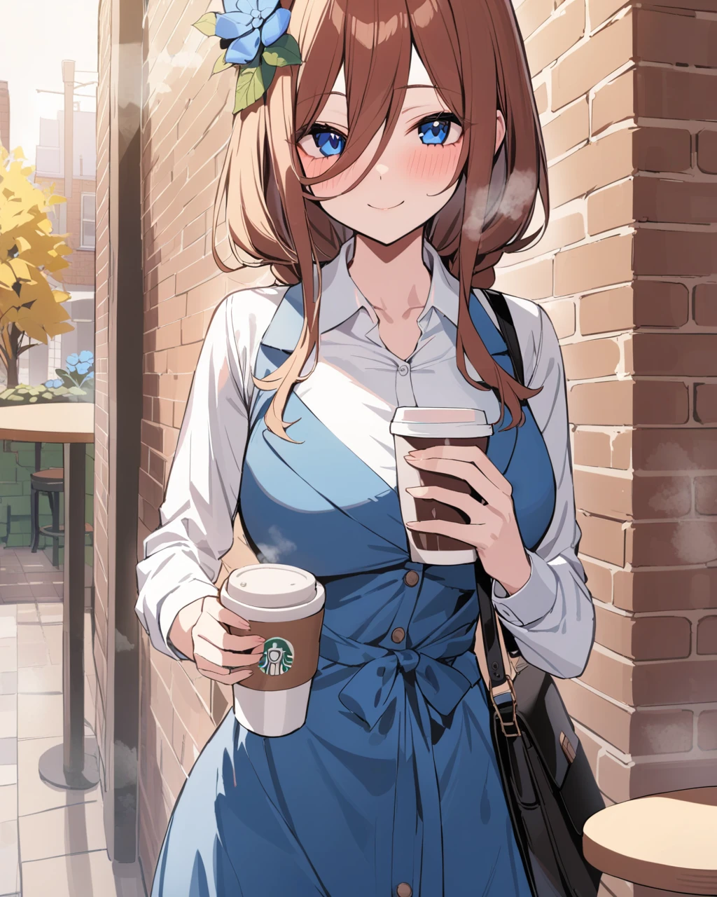 masterpiece, best qualityï¼ <lora:sanjiu2:1>ï¼1girl, solo, nakano miku, smile, braid, hair flower, looking at viewer, white shirt, long sleeves, closed mouth, blush, blue dress, collared shirt, brick wall, holding cup, blue flower, coffee cup, breasts, yellow flower, handbag, cafe, leaf, chair, cowboy shot, steam, table