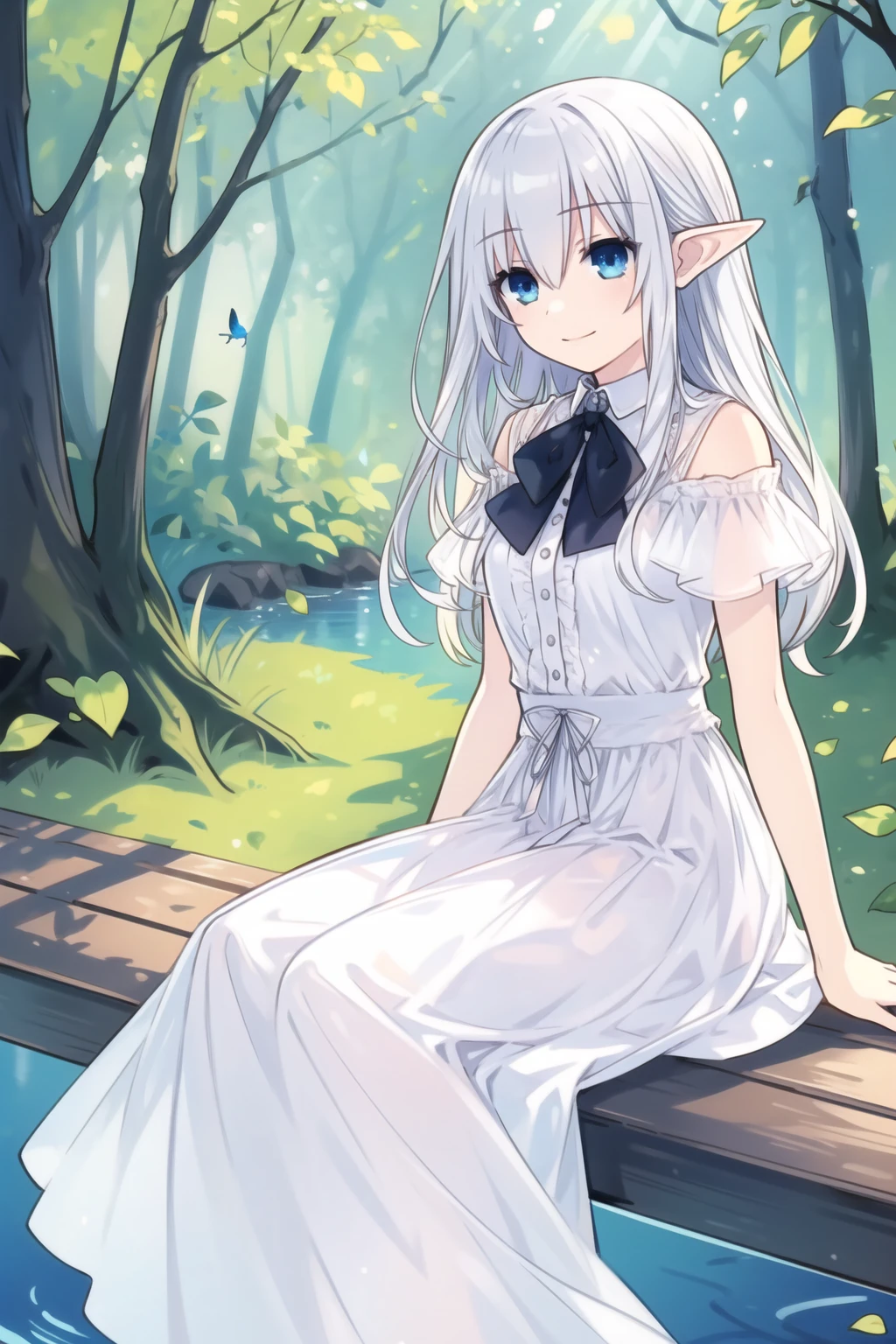 ((masterpiece)),expressionless,(((best quality))),((illustration)),
1girl,elf,((solo)),(detailed face),(beautiful detailed eyes),light eyes,blue eyes,((disheveled hair)),silver hair,full body,
smile,blank stare,sitting,((looking to the side)),
bow tie hair band,white transparent long skirt,noble,mysterious,
bright background,in forest,nature,sunshines through the leaves,butterfly,river,